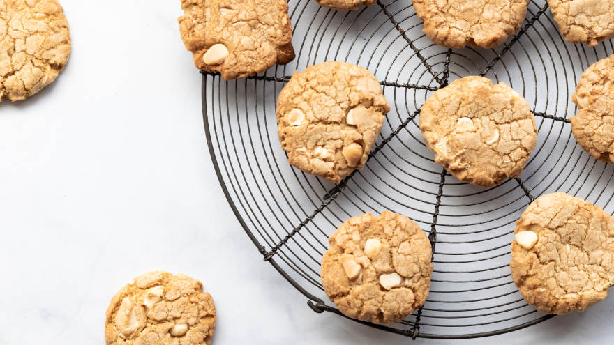 Knusprige Protein-Cookies mit Nüssen auf rundem Kuchengitter.