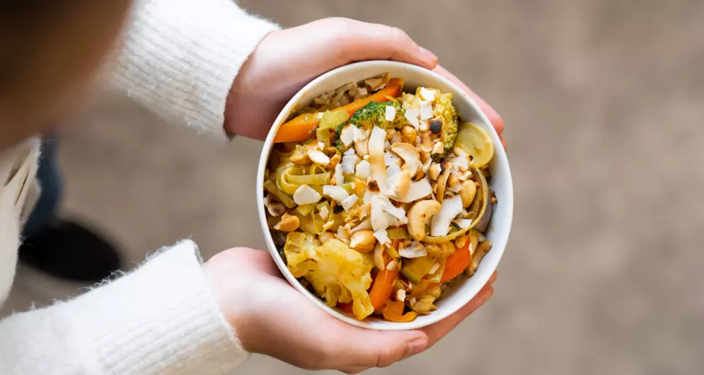 Hands holding a colorful vegan vegetable noodle bowl.
