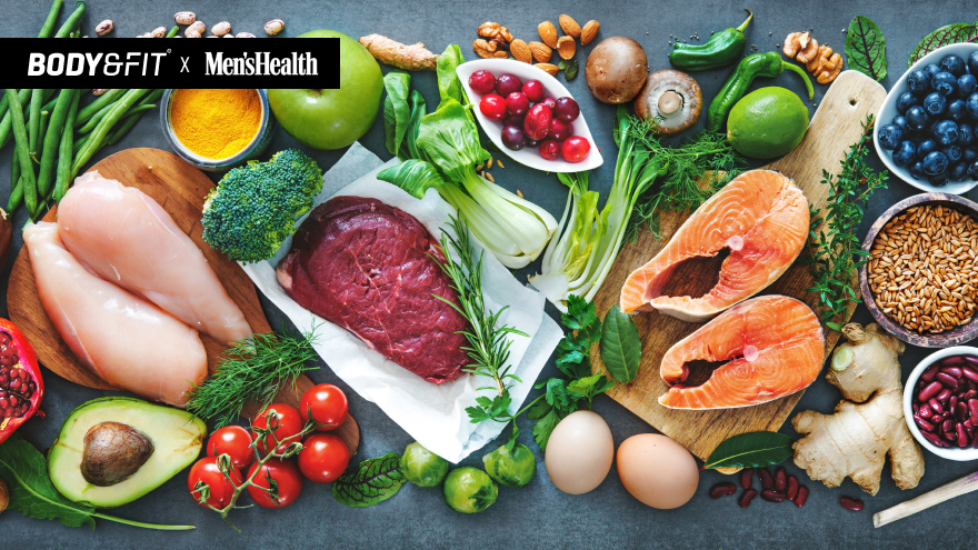 Healthy ingredients including salmon, beef, fruits, and vegetables.