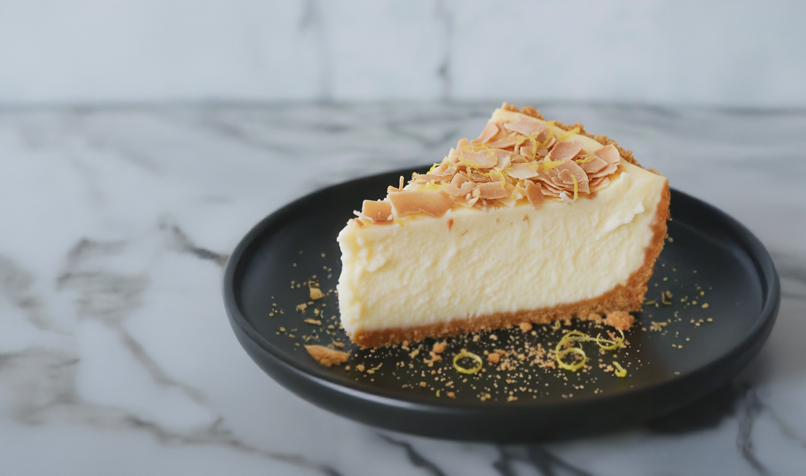 Stuk kokos-citroencake met kokosschaafsel op een bord