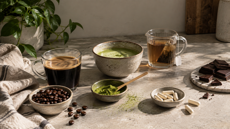 Koffeinquellen: schwarzer Kaffee, Kaffeebohnen, Matcha Latte, Matchapulver, Tee, Koffeinkapseln und Zartbitterschokolade