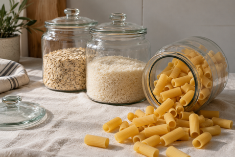 Glazen potten met havermout en rijst en een omgevallen pot met rigatoni, koolhydraatrijke voeding om koolhydraten te stapelen