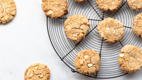 Knusprige Protein-Cookies mit Nüssen auf rundem Kuchengitter.
