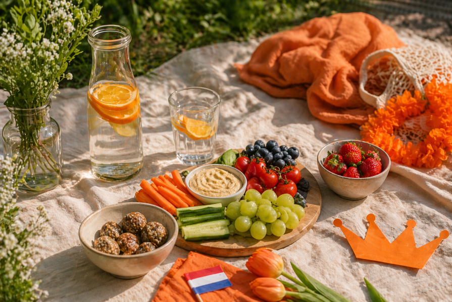Zonnige picknicksetting op een lichte deken met gezonde oranje snacks zoals groentesticks met hummus, fruit, noten en energieballetjes, geserveerd met citruswater en subtiele Koningsdagdecoratie in oranje tinten.
