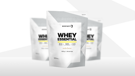 Body&Fit Whey Essential protein powder pouch vanilla flavour.