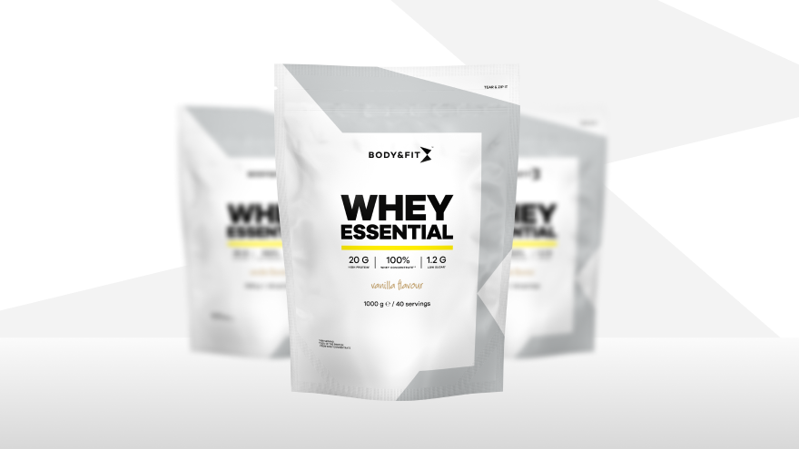 Sachet de whey Body&Fit saveur vanille en gros plan.