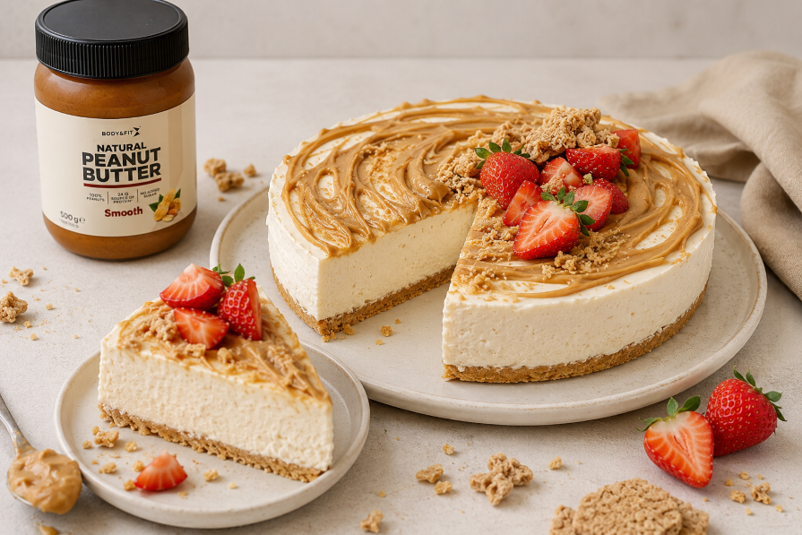 High protein no-bake cheesecake with peanut butter swirl, fresh strawberries, and a crunchy biscuit base, served next to a jar of Body&Fit Natural Peanut Butter.