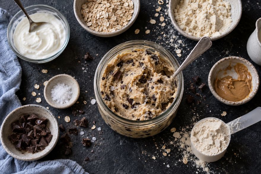 Protein Cookie Dough mit Magerquark und Schokolade in einem Glas, daneben Quark, Haferflocken, Proteinpulver, Erdnussbutter und Meersalz