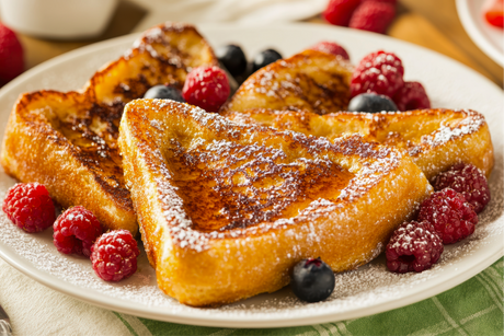 Assiette de pain perdu riche en protéines, garni de sucre glace et de fruits rouges frais