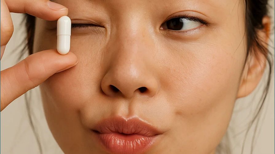 Nahaufnahme einer Frau, die eine weiße Nahrungsergänzungskapsel an ihr Auge hält, Konzept für Immunsystem-Unterstützung.