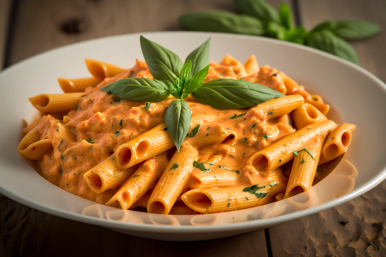 Penne met romige tomatensaus en verse basilicum.