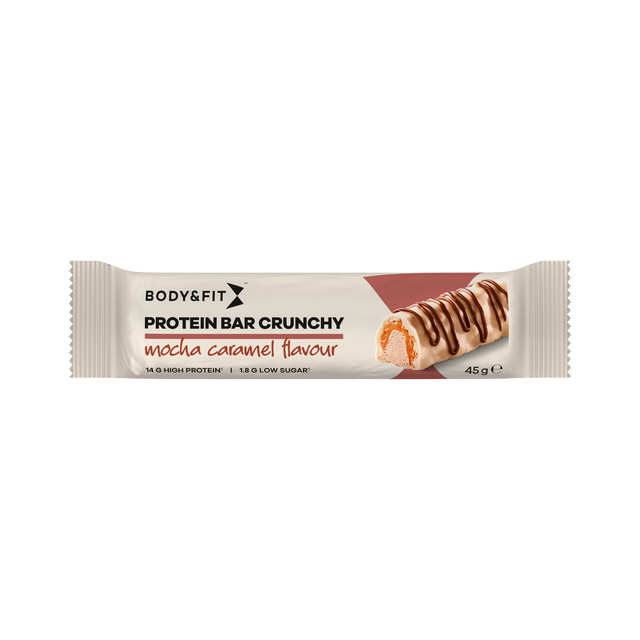 Body&Fit protein bar crunchy mocha caramel flavour on a white background