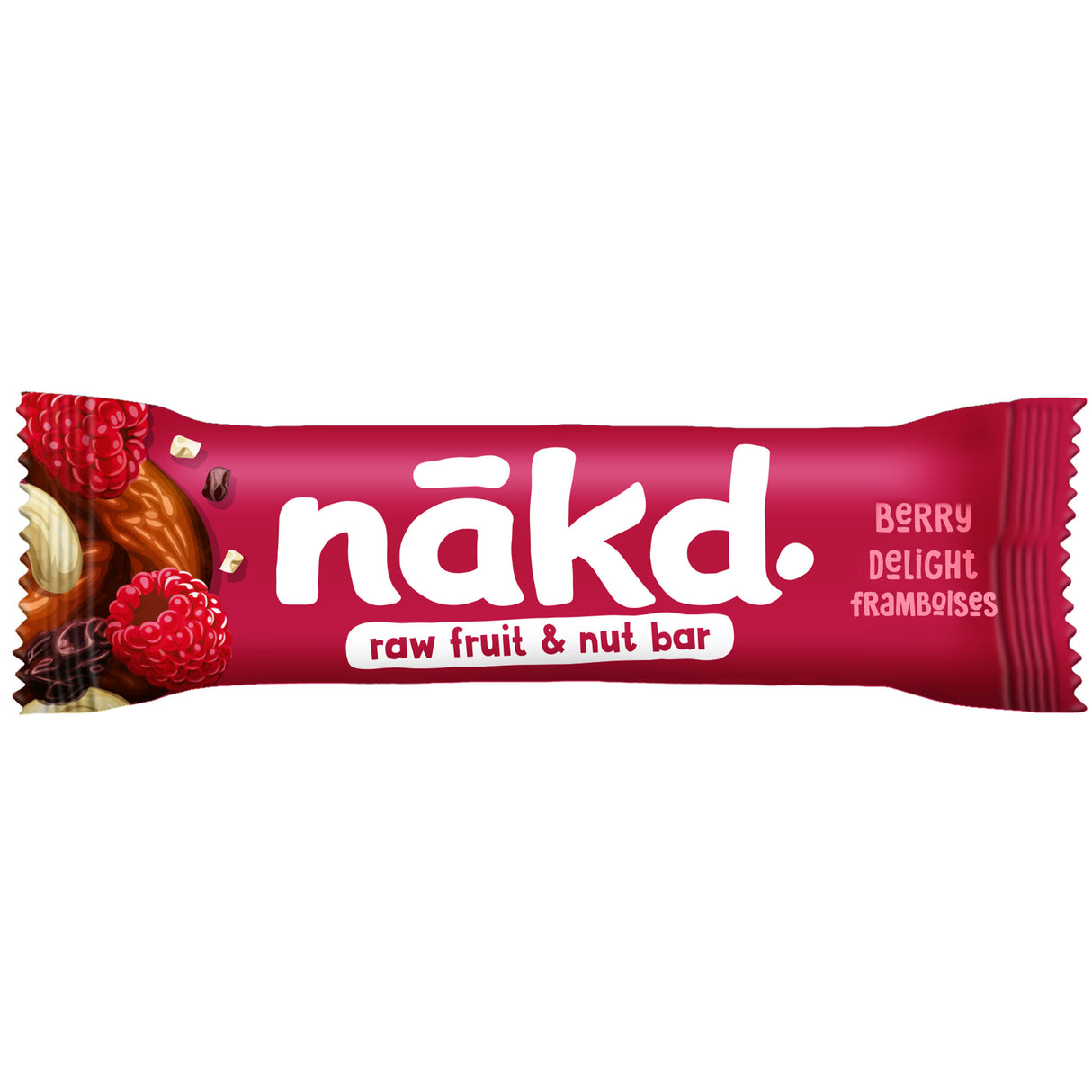 Nakd raw fruit and nut bar packaging with red background | DE